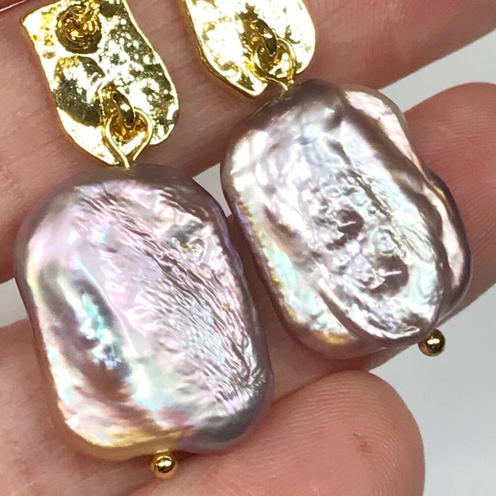 Gold Plated 925 Sterling Silver Lavender Square Coin Baroque Pearl Drop Earrings - Picture 9 of 11